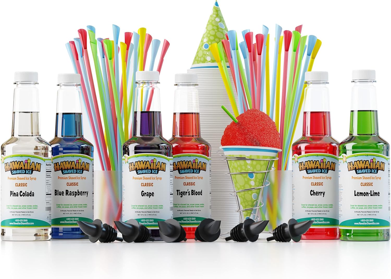 Hawaiian Shaved Ice Snow Cone Machine Package with 6 Flavoring Syrups and Party Ready Accessories