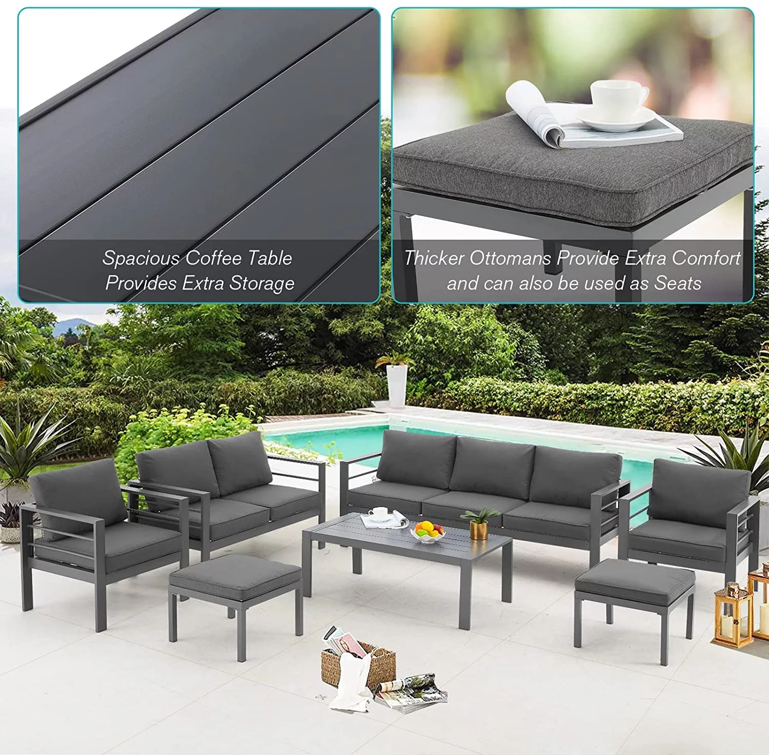AECOJOY Aluminum Outdoor Furniture Set 7 Pieces Sectional Sofa Patio Conversation Set - Dark Gray