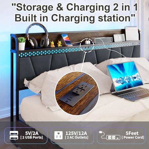 King Size Platform Bed Frame with Upholstered Shelf Headboard and 4 Under-bed Storage Drawers, Outlet with Charging Port & LED Light Design