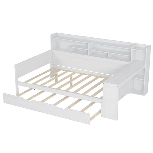 Bellemave Twin Corner Bed Frame with Storage Shelves and Desk, Wood Twin Size Daybed with Bookcase and Drawers and Storage, Gray