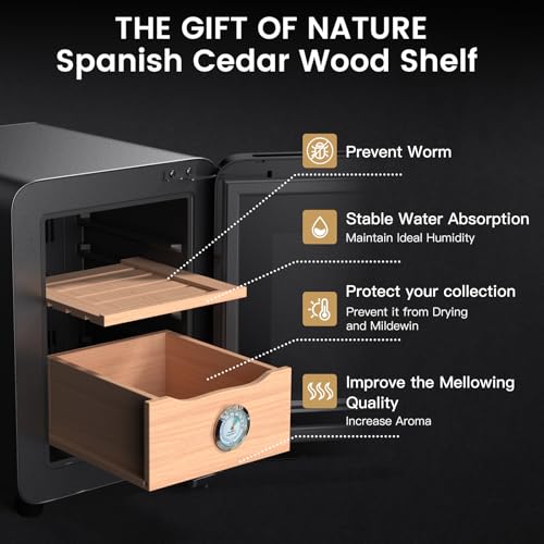 KingChii 16L Electric Cigar Humidors Temperature Control System, Cooling & Heating Humidor Cabinet with Spanish Cedar Wood Shelves & Hygrometer