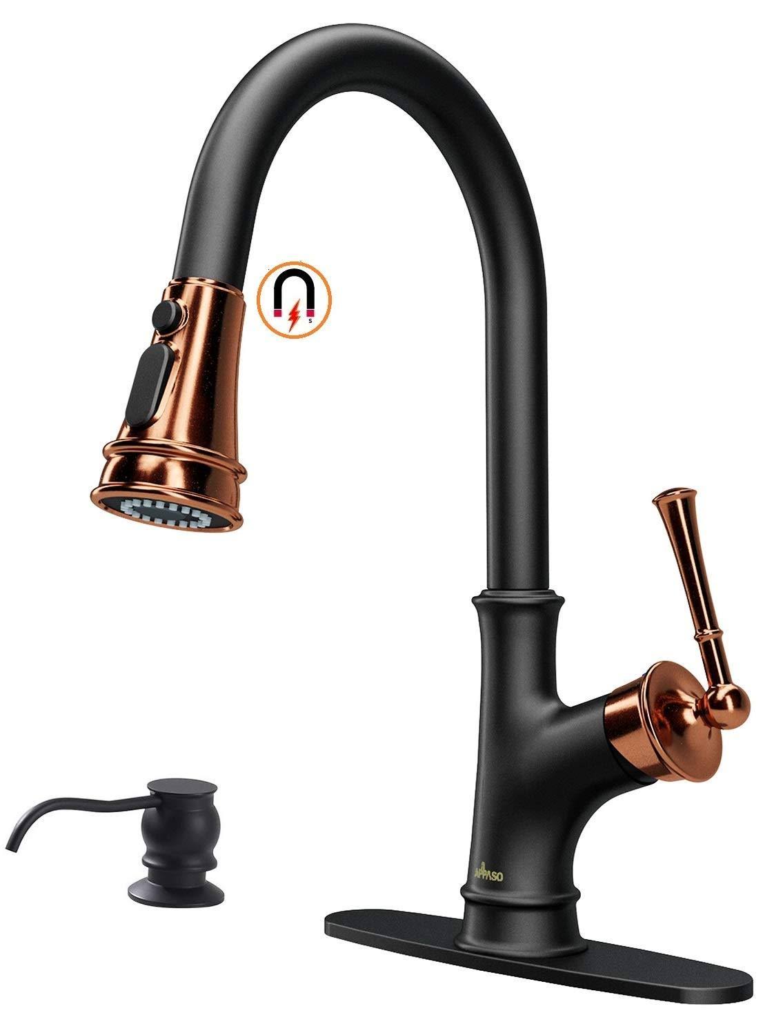 APPASO Matte Black and Rose Gold Pull Down Kitchen Faucet with Magnetic Docking Sprayer - Single Handle High Arc One Hole Pull O
