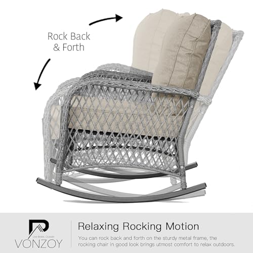 Patio Furniture Set 3 Pieces, Wicker Rocking Bistro Set with Thick Cushions, Outdoor Rocker Chairs and Coffee Table for Porch