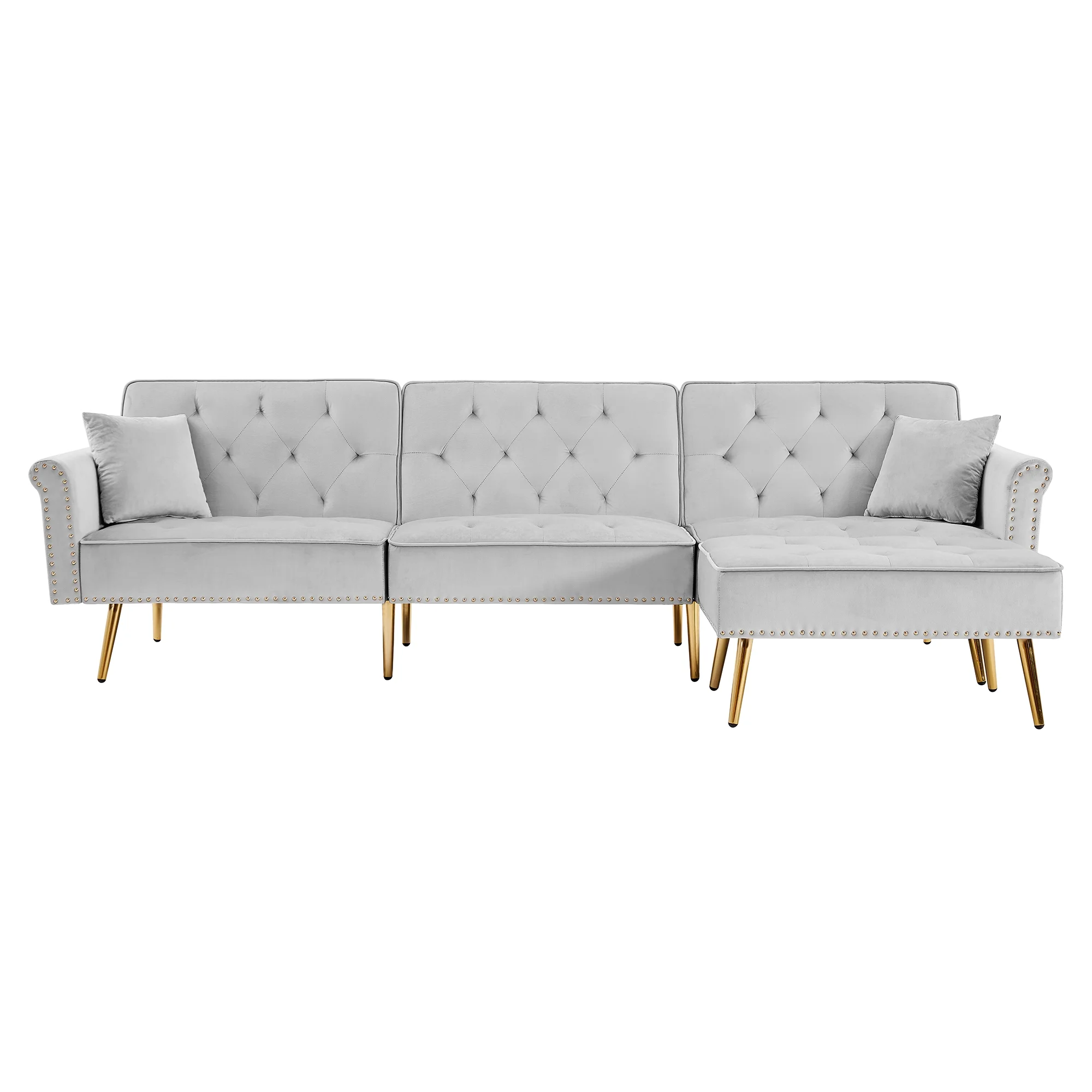 Dcenta Modern Upholstered Reversible Sectional Sofa Bed , L-Shaped Couch with Movable Ottoman and Nailhead Trim For Living Room. (Light Grey)