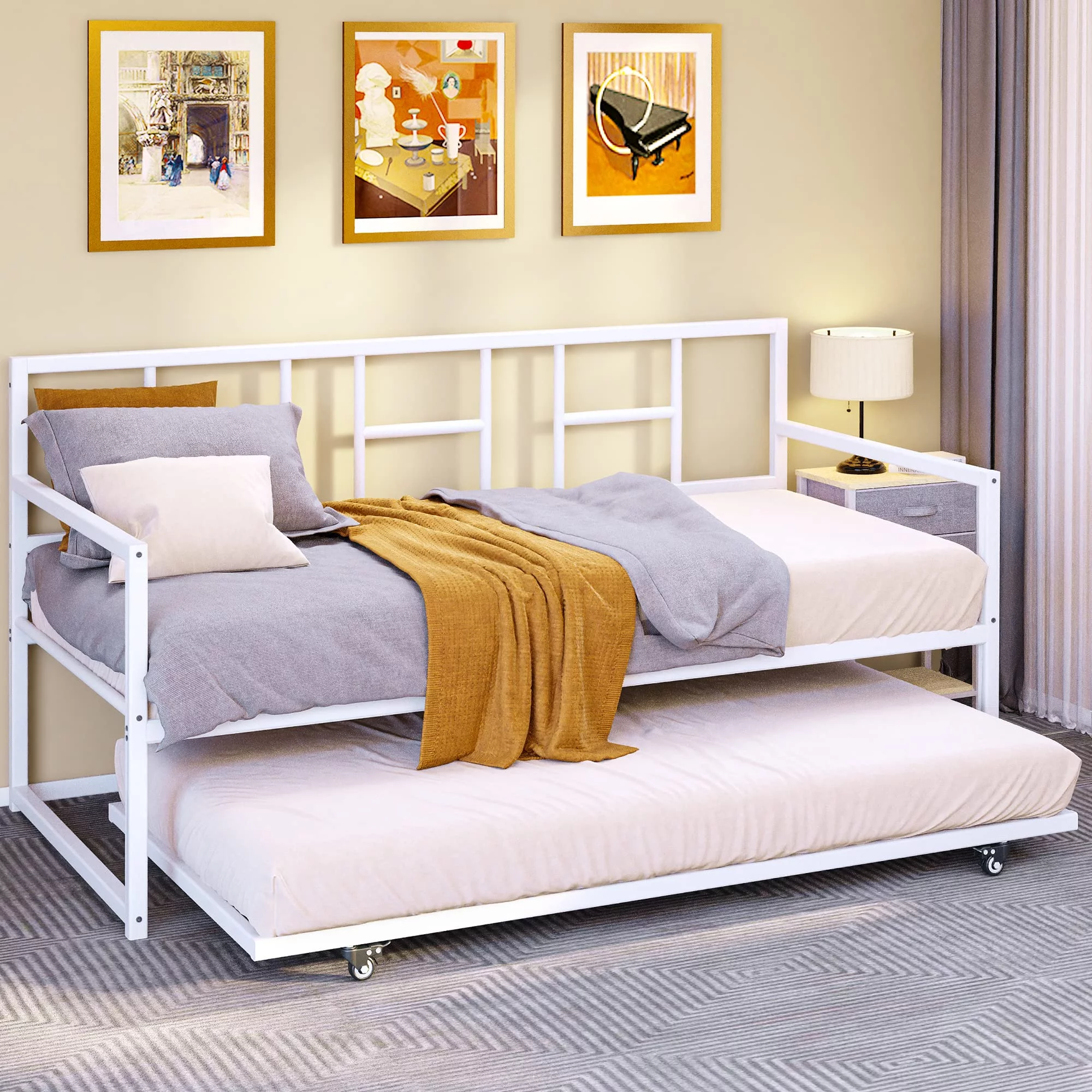 Dextrus Twin Daybed with Pull Out Trundle/Steel Slat Support/Space Saving Adjustable Height Trundle Bed and Multi-Functional Furniture for Living