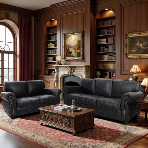 Mid-Century Vintage Sofa Couches with Rivet Design,3-Seater Sofa,Removable Sofa Cover Upholstered Cushions and Solid Wood Frame (Brown, 3-Seater)