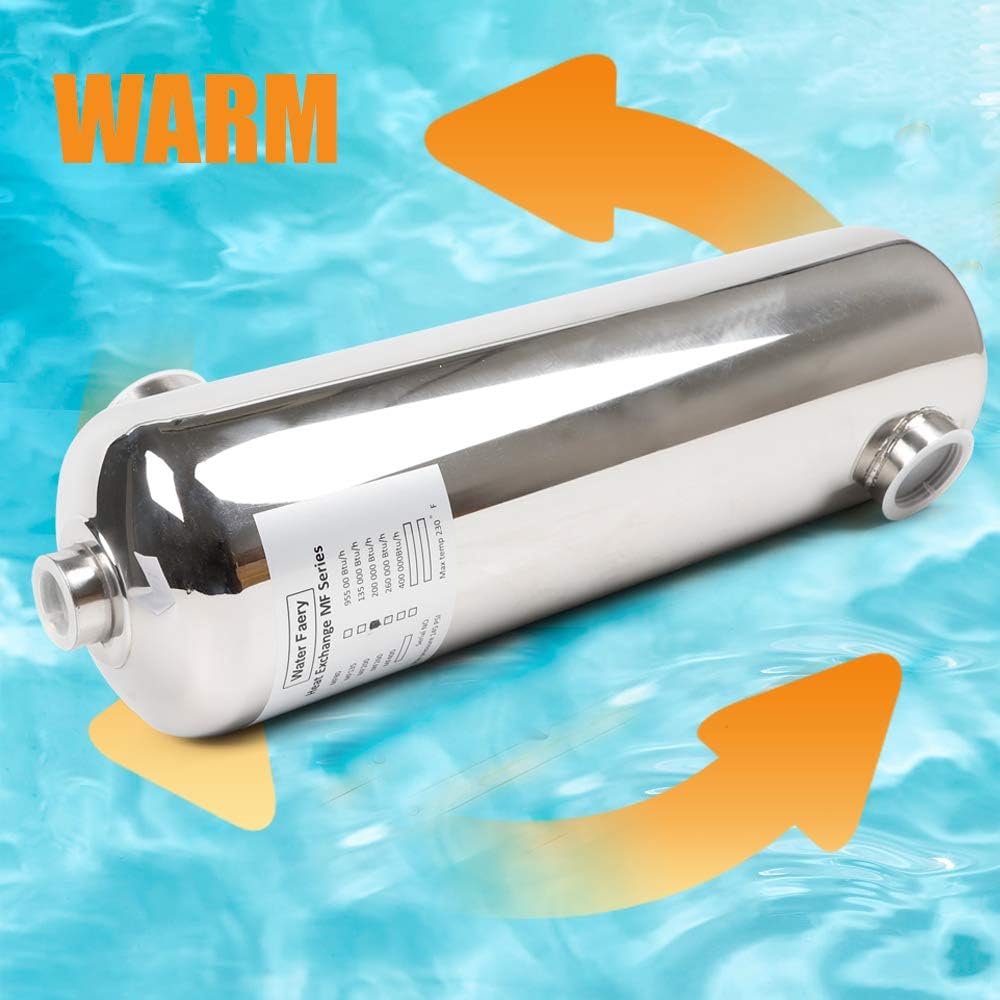 Pool Heat Exchanger Stainless Steel Shell and Tube Heat Exchanger Same Side Ports 1"+ 1 1/2" FPT (200KBTU) for Swimming Pools Spas Hot Tubs Hydraulic
