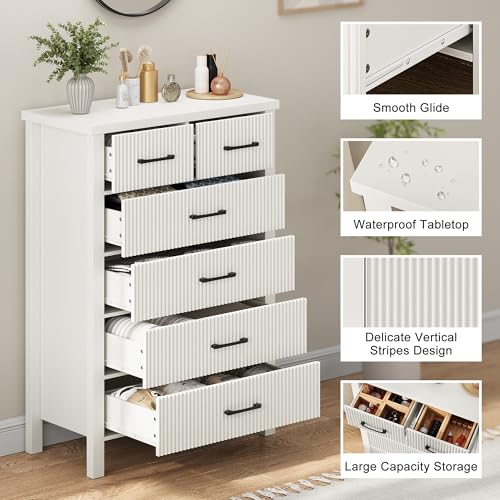 Fluted 6 Drawers Dresser for Bedroom, Tall Boho Chest of Drawers with Metal Handle, Wooden Closet Clothes Storage Organizer for Living Room