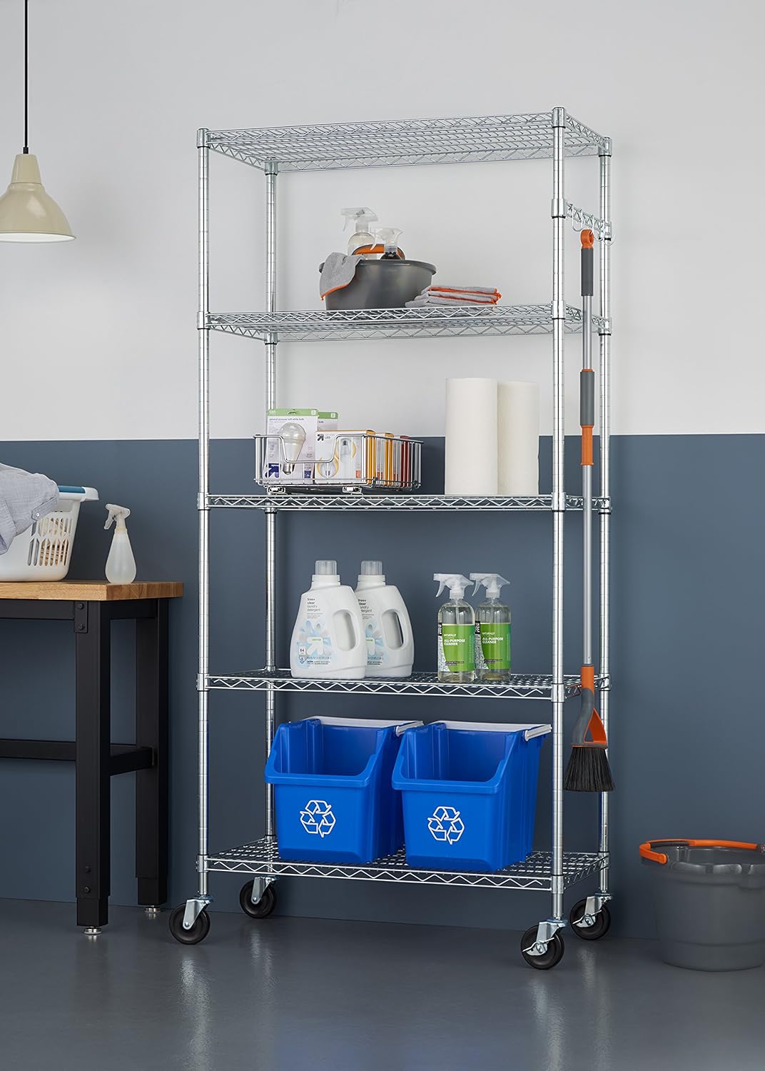 TRINITY EcoStorage Heavy Duty 5-Tier Adjustable Wire Shelving with Wheels and Storage Hooks for Kitchen Organization, Garage Storage, NSF Certified