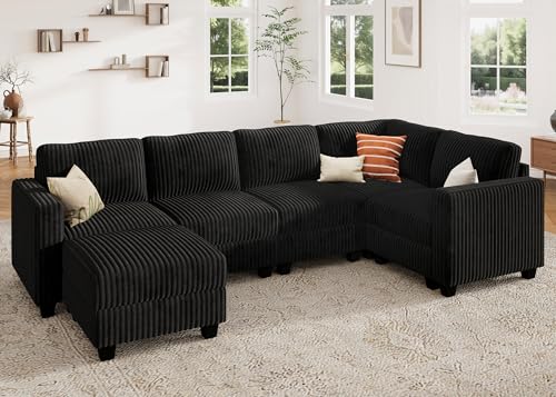 HONBAY Corduroy Modular Sectional Couch with Storage L-Shaped Sectional Couches for Living Room 6 Seater Modular Sofa, Dark Gray