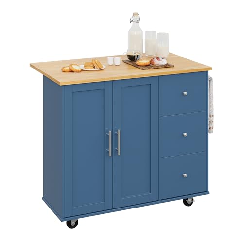 Shintenchi Rolling Kitchen Island Cart with Folding Drop Leaf Breakfast Bar, Portable Trolley Island with Large Storage Cabinet, Shelf and Drawer