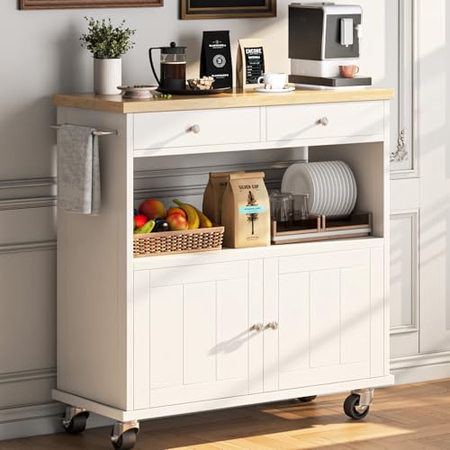 Rolling Kitchen Island with Storage Cabinet, 35.4'' Width Kitchen Cart, 2 Drawers Island Table, Portable Mobile Kitchen Island with Towel Rack