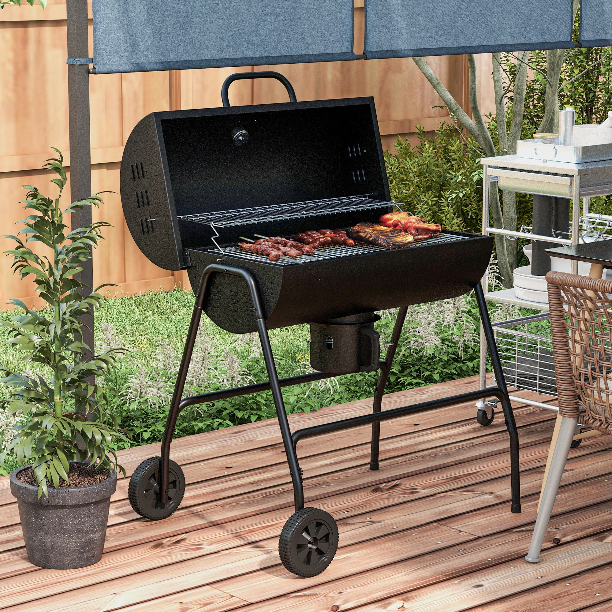 Outsunny Barrel Charcoal BBQ Grill, Wheeled Barbecue, Black