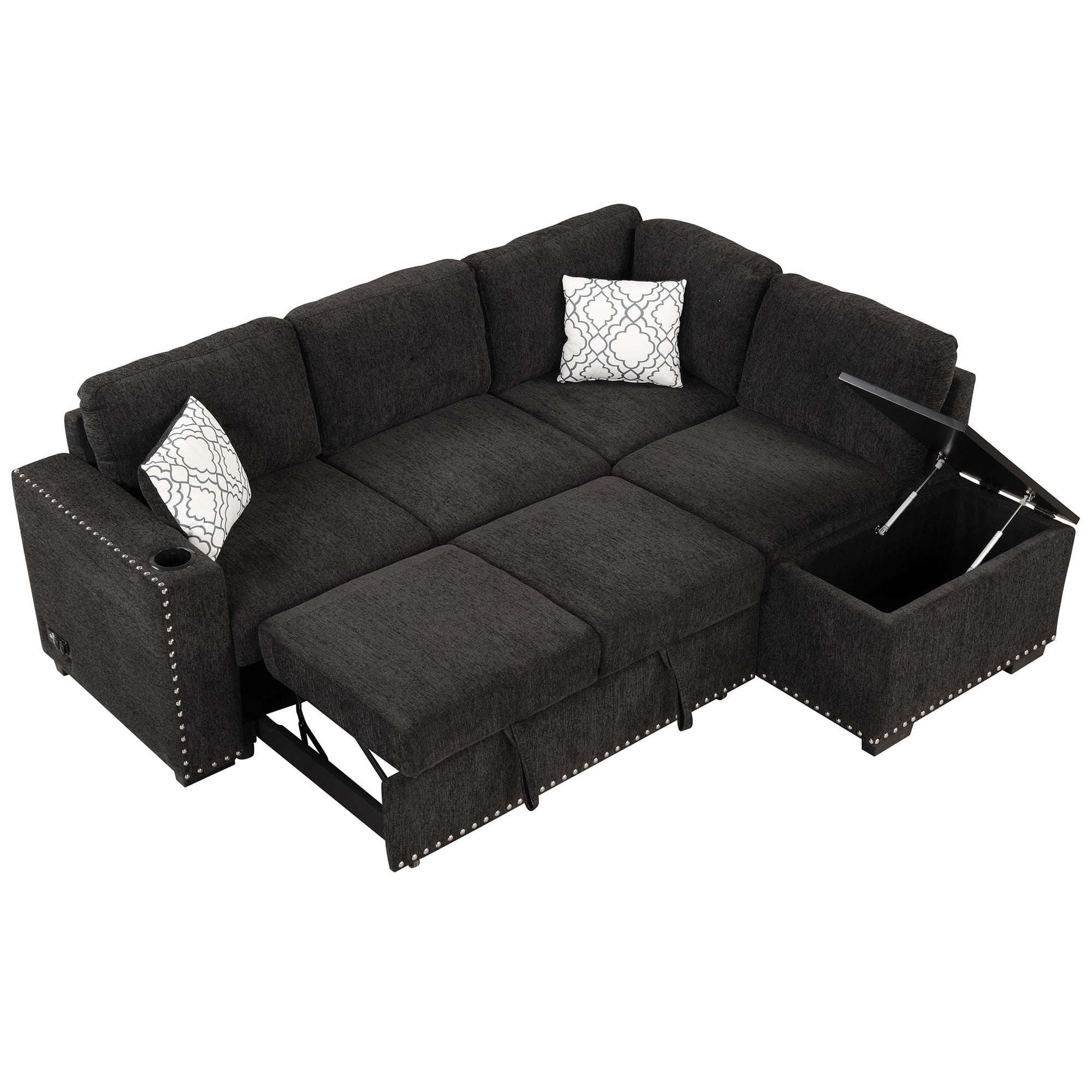 Reversible Sectional Pull-Out Sofa Bed L-Shaped Corner with Storage Chaise, Black