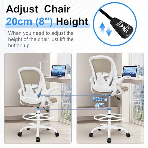 Primy Drafting Chair Tall Office Chair with Flip-up Armrests Executive Ergonomic Computer Standing Desk Chair with Lumbar Support and Adjustable