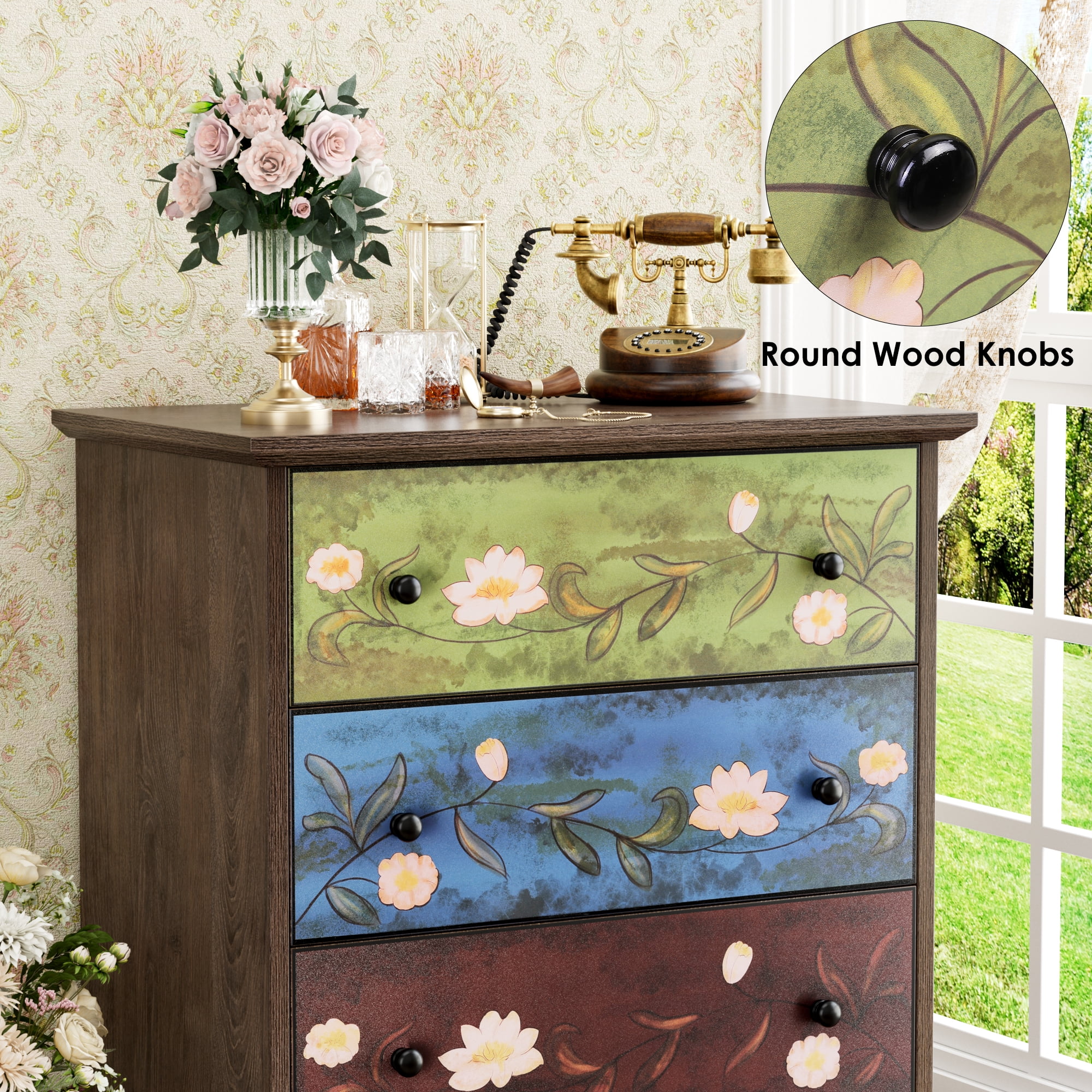 Homfa 5 Drawer Dresser for Bedroom, Boho Wood Storage Cabinet for Entryway Living Room, Wide Top, Study Base, Women
