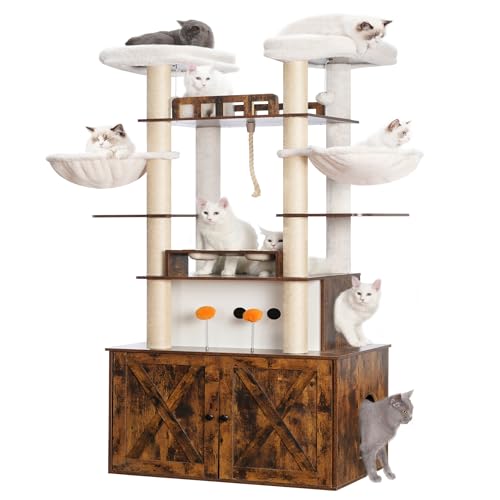 Heybly Cat Tree for Maine Coon with Litter Box Enclosure, 72-inch Wooden Cat Tower for Indoor Cats Large Adult, Big Condo with Food Station, Baskets
