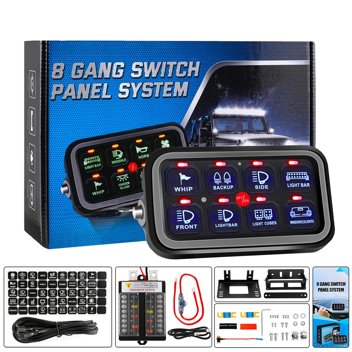 Auxpower 8 Gang Switch Panel Built-in Solid State Relay, Auxiliary Switch Panel for Jeep Truck Car Offroad SUV UTV Caravan, Automatic Dimmable