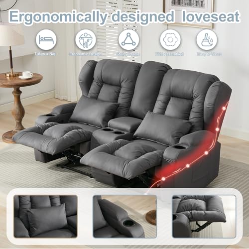 65" Loveseat Recliner Reclining Loveseat with Console - Comfy Manual RV Recliner Loveseat Sofa Couch Home Theater Seating with Pillows, Cup Holders