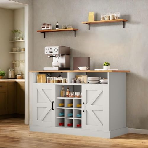 YITAHOME Buffet Cabinet, 47" Farmhouse Coffee Bar with Power Outlet, Floating Shelves