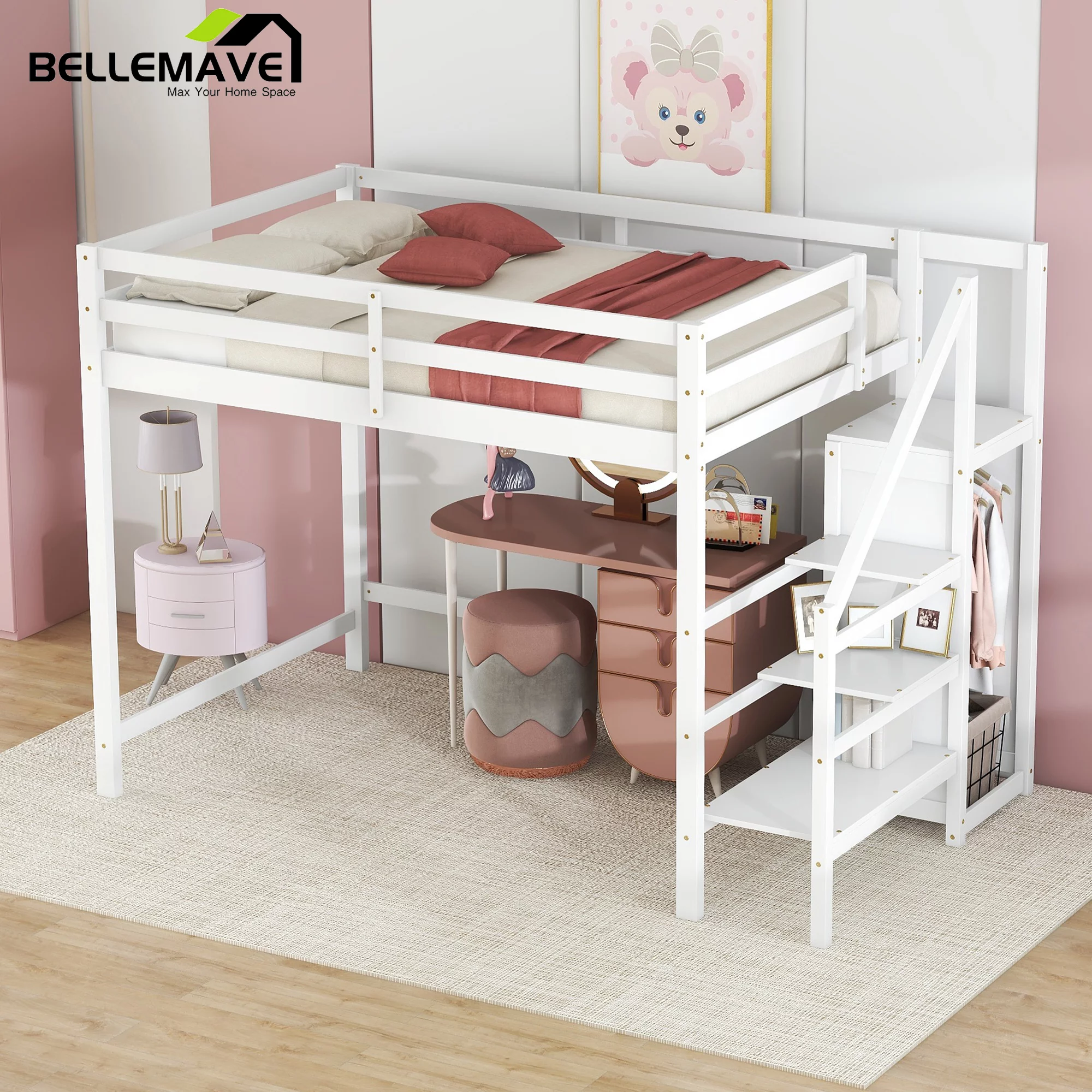 Bellemave Full Size Loft Bed with Storage Staircase Wooden Full Loft Bed Frame with Built-in Storage Wardrobe and Guardrails for Kids, Teens
