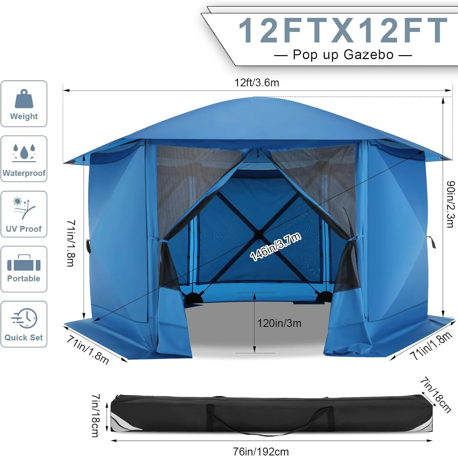 COBIZI 12x12 Pop-up Gazebo Starry Sky Screen Canopy Tent Screen House with 5 sidewalls and Mosquito Nettings for Camping