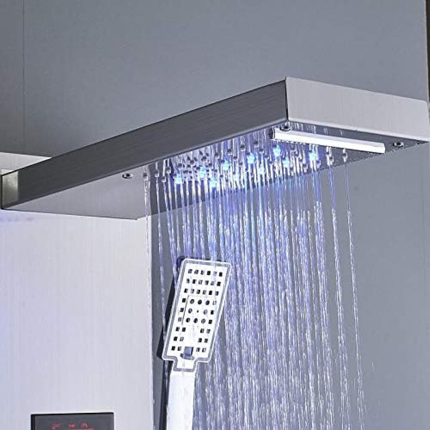 Shower System, Luxury LED Rain Waterfall Shower Panel Column Shower Faucet Set 4 Multi-functional Nozzles Massage SPA Jet Digital Screen