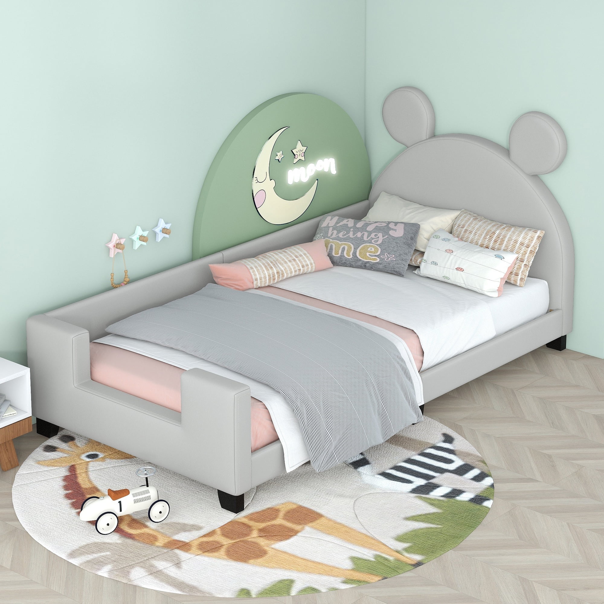 Twin Size Kids Daybed Upholstered Twin Bed with Carton Ears Shaped Headboard, Wooden Cute Twin Platform Bed Frame for Girls Boys Toddlers