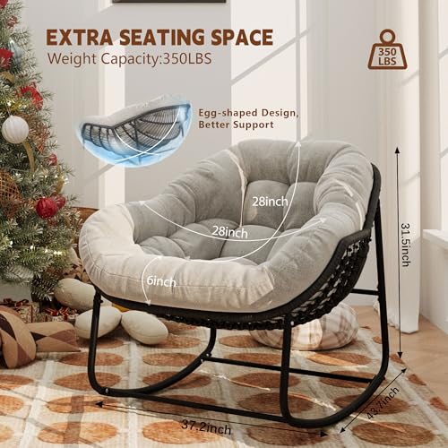 Outdoor Indoor Rocking Chair, Patio Wicker Egg Chair, Indoor & Outdoor Comfy Oversized Papasan Chair with Padded Cushion