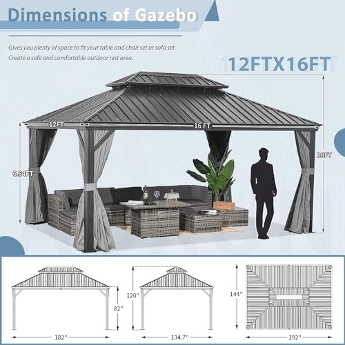 Aoxun 10' X 12' Hardtop Gazebo, Aluminum Outdoor Gazebo with Galvanized Steel Double Top Canopy