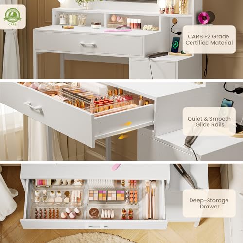 Vanity Desk with Mirror and Lights, Makeup Vanity with Storage Drawer, Power Outlet and Large Cabinet for Bedroom - White