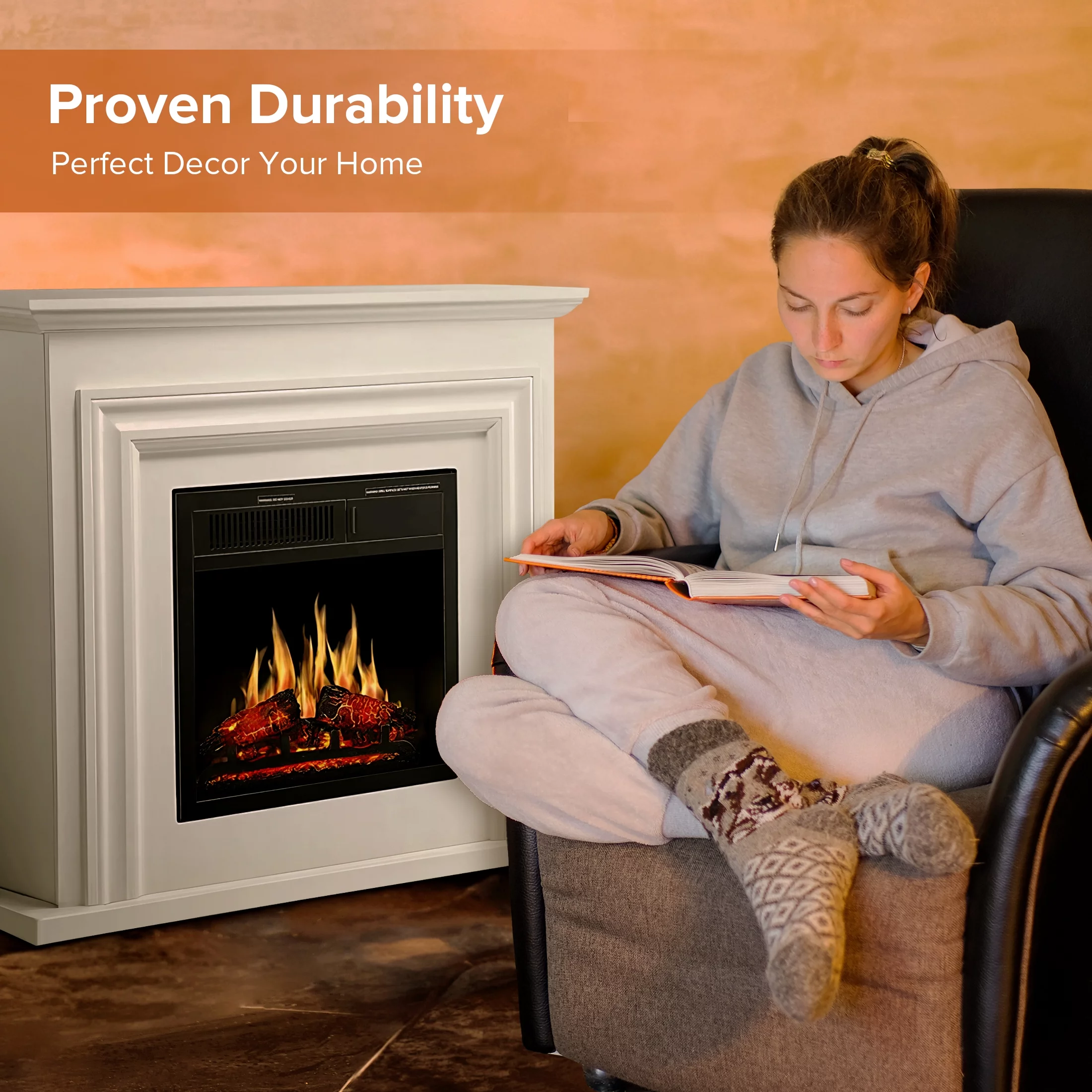 Auseo 36" Freestanding Electric Fireplace with Wood, White Mantel, Remote Control, For Rooms up to 400 Sq.Ft. Adjustable LED Flame & Heating Settings