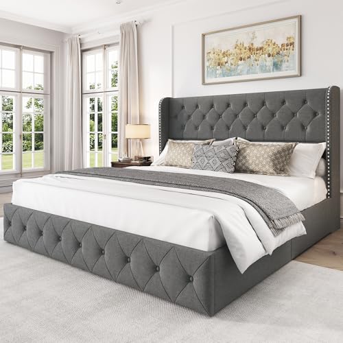 King Size Bed Frame with 4 Storage Drawers and Tufted Headboard Linen Upholstered Platform Bed Frame Wingback Beds with Wooden Slats Support