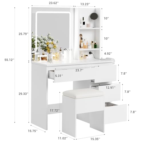 Vanity Desk with Mirror and Lights - Modern Makeup Dressing Table with Outlets, Storage Stool, 4 Drawers & Hair Dryer Holder