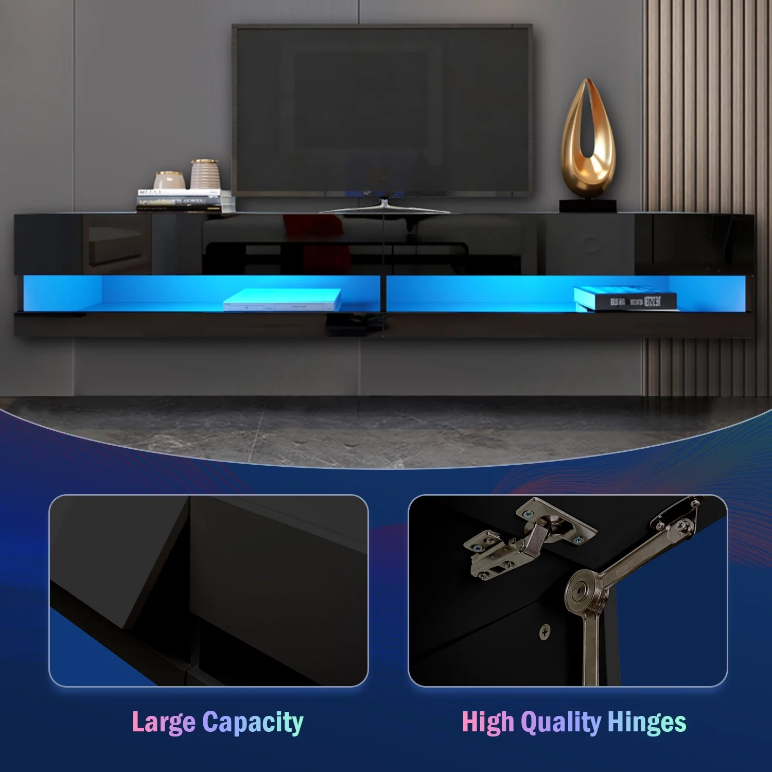 JOYSOURCE Floating TV Stand with LED, Wall Mounted Entertainment Center up to 80 inch TV, Modern High Gloss TV Media Console Cabinet, Black