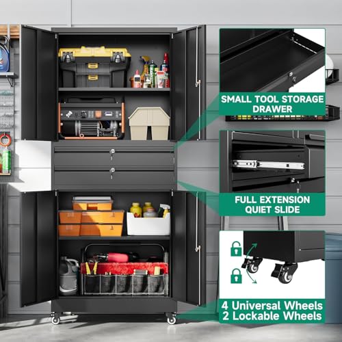 Letaya Metal Garage Storage Cabinet with Drawer,4 Door Tool Cabinet with Lock-2 Adjustable Shelves for Garage Home Office Utility Room (Black)