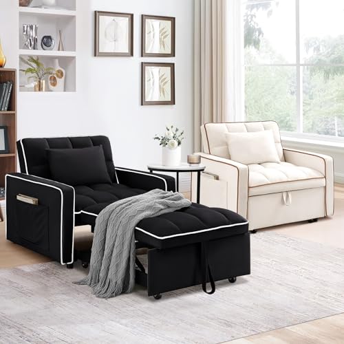 Sleeper Chair, 3 in 1 Convertible Chair Bed,Velvet Tufted Upholstered Single Pullout Sofa Chair Bed with Adjustable Backrest&Side Pockets