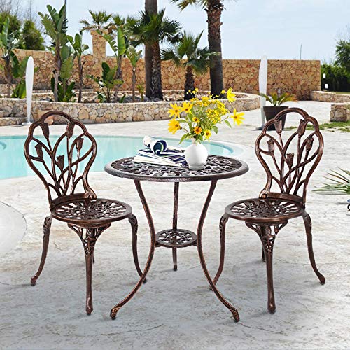 HOMEFUN Bistro Table and Chairs Set of 2 Outdoor 3 Piece Patio Set, Rose Pattern Cast Aluminum Bistro for Garden Balcony