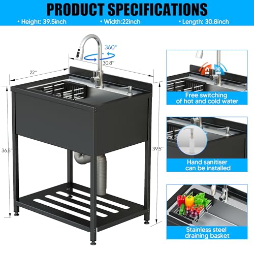 Stainless Steel Utility Sink, 30.8" × 22" × 39.5"Freestanding Sink with Cold and Hot Water Faucet,Hoses and Drain Kit for Kitchens, Bathrooms, Garage