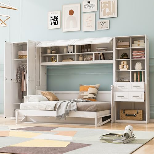 SOFTSEA Queen Size Murphy Bed with Desk, Horizontal Murphy Bed with Storage Wardrobe Drawers and Shelves, Hidden Wall Bedframe for Guest Room