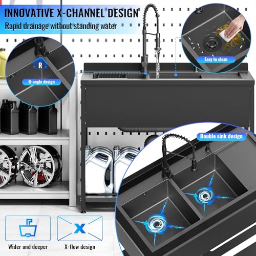 Stainless Steel Utility Sink, 30.8" × 22" × 39.5"Freestanding Sink with Cold and Hot Water Faucet,Hoses and Drain Kit for Kitchens, Bathrooms, Garage