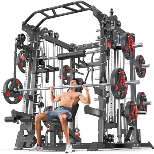 Power Cage Smith Machine Power Rack Multifunctional Deep Squat Rack Cable Crossover System Selectable More Training Attachment for Garage & Home Gym