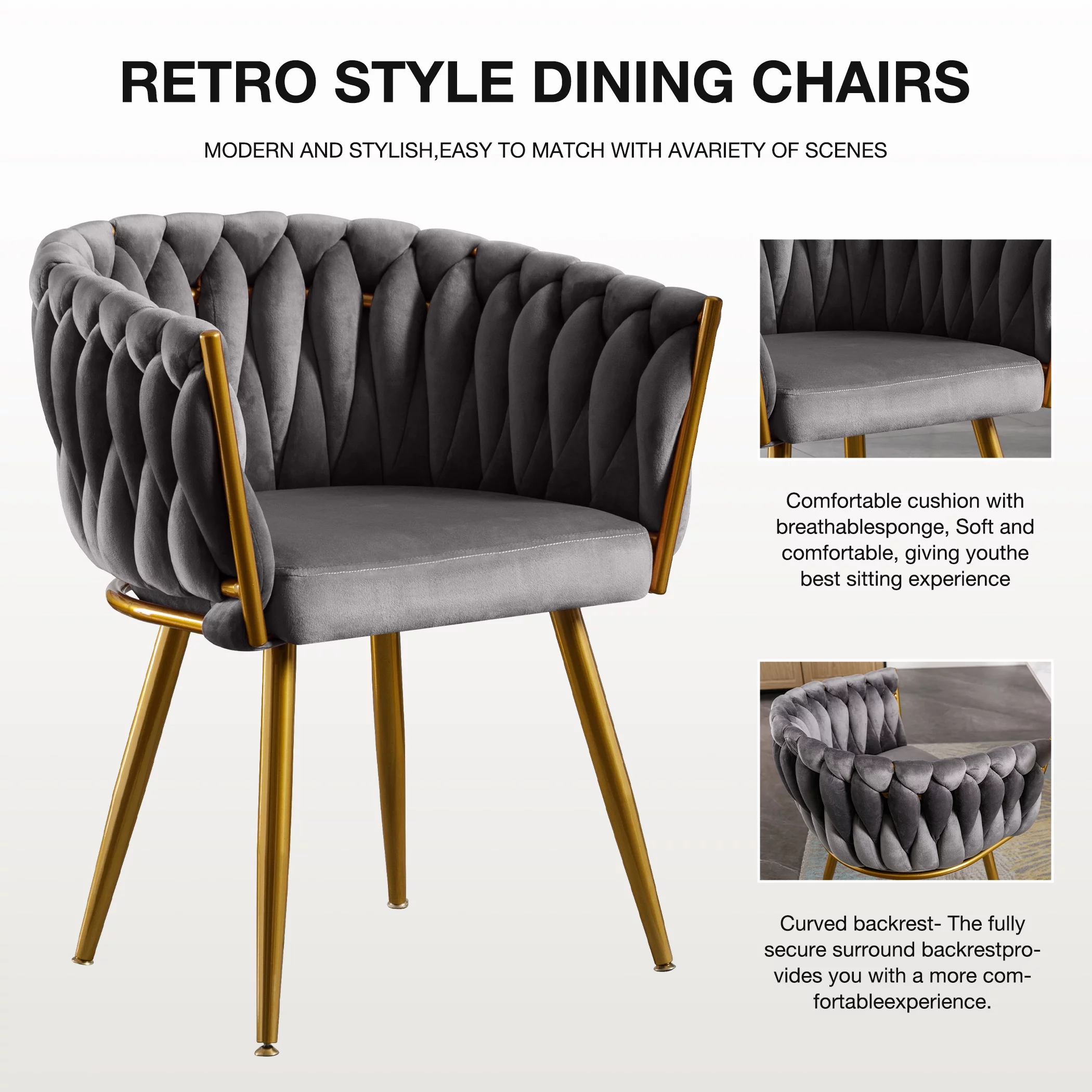 JONPONY Velvet Dining Chairs Set of 2, Modern Woven Upholstered Dining Chairs with Gold Metal Legs,Luxury Tufted Dining Chairs for Living Room