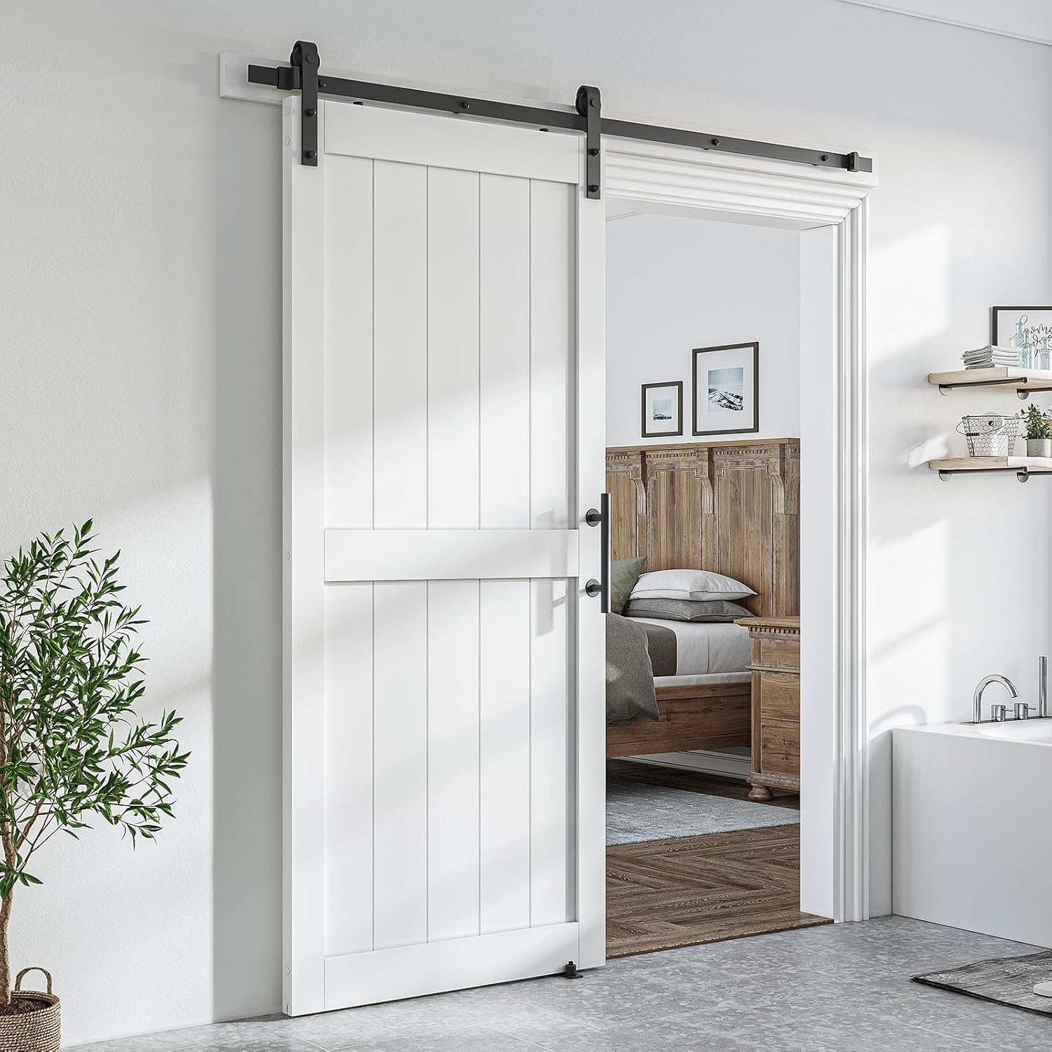 SmartStandard 36 x 80 inch White Slidng MDF Barn Door with 6.6FT Black Sliding Door Hardware Kit & Handle, Pre-Drilled Ready to Assemble