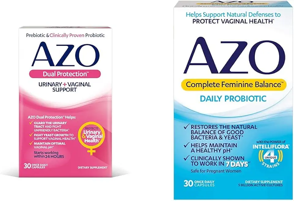 AZO Dual Protection | Urinary + Vaginal Support* | Prebiotic Plus Clinically Proven Women's Probiotic 30 Count & Complete Feminine Balance Daily