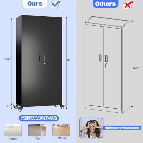 73" H Metal Storage Cabinet with Wheels, Garage Storage Cabinet with 4 Adjustable Shelves and Lockable Doors for Garage Home Office Utility Room