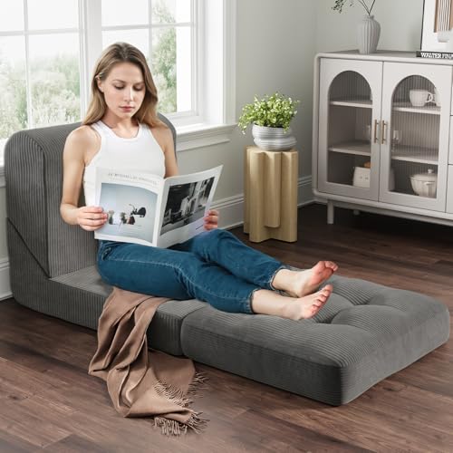COMAX Folding Sofa Bed, Convertible Chair Bed Corduroy 3-in-1 Foldable Floor Couch with High-Density Foam, Futon Sofa Sleeper Mattress