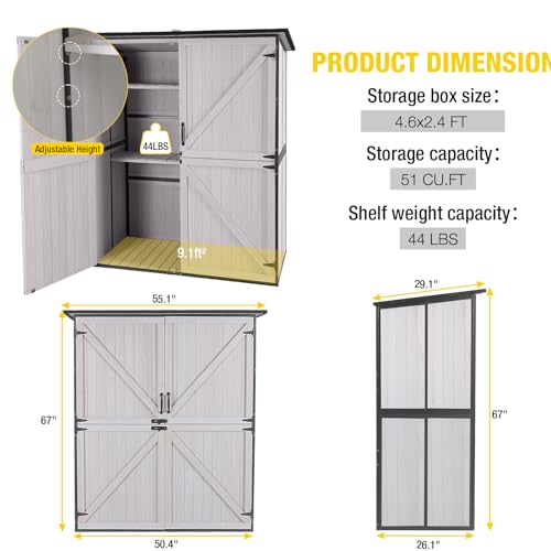 Aivituvin Outdoor Storage Shed Upgraded with Strong Metal Frame Garden Tool Shed Storage House Cabinet with Adjustable Shelfs and Wooden Floor 4.6 x