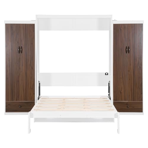 Queen Size Farmhouse Murphy Bed Cabinet with Charging Station, Foldable Platform Bed Frame with 2 Storage Drawers