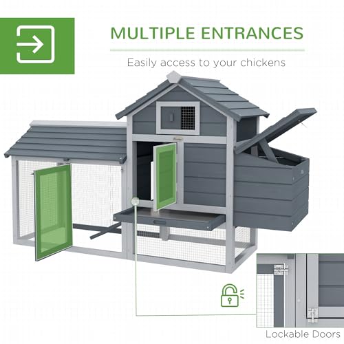 PawHut 59" Small Wooden Chicken coop Hen House Poultry Cage for Outdoor Backyard with 2 Doors, Nesting Box and Removable Tray, Gray